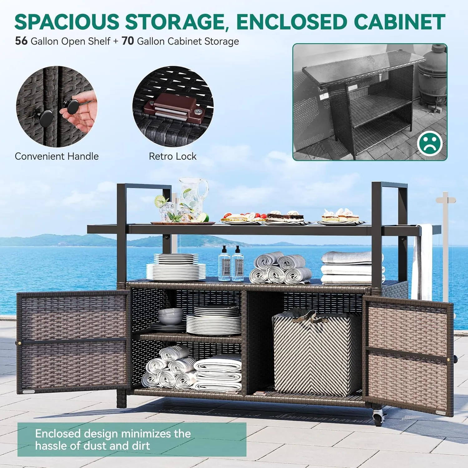 YITAHOME Large Outdoor Kitchen Wicker Island Rolling Cart & Patio Bar Table, w/Wheels and Black Glass Table Top Backyard and Poolside Dark Brown