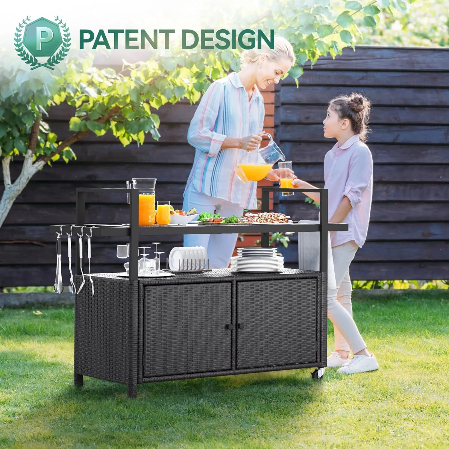 YITAHOME Large Outdoor Kitchen Wicker Island Rolling Cart & Patio Bar Table, w/Wheels and Black Glass Table Top Backyard and Poolside Dark Brown