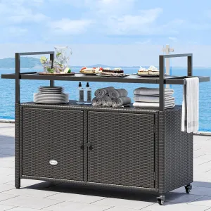 YITAHOME Large Outdoor Kitchen Wicker Island Rolling Cart & Patio Bar Table, w/Wheels and Black Glass Table Top Backyard and Poolside Dark Brown