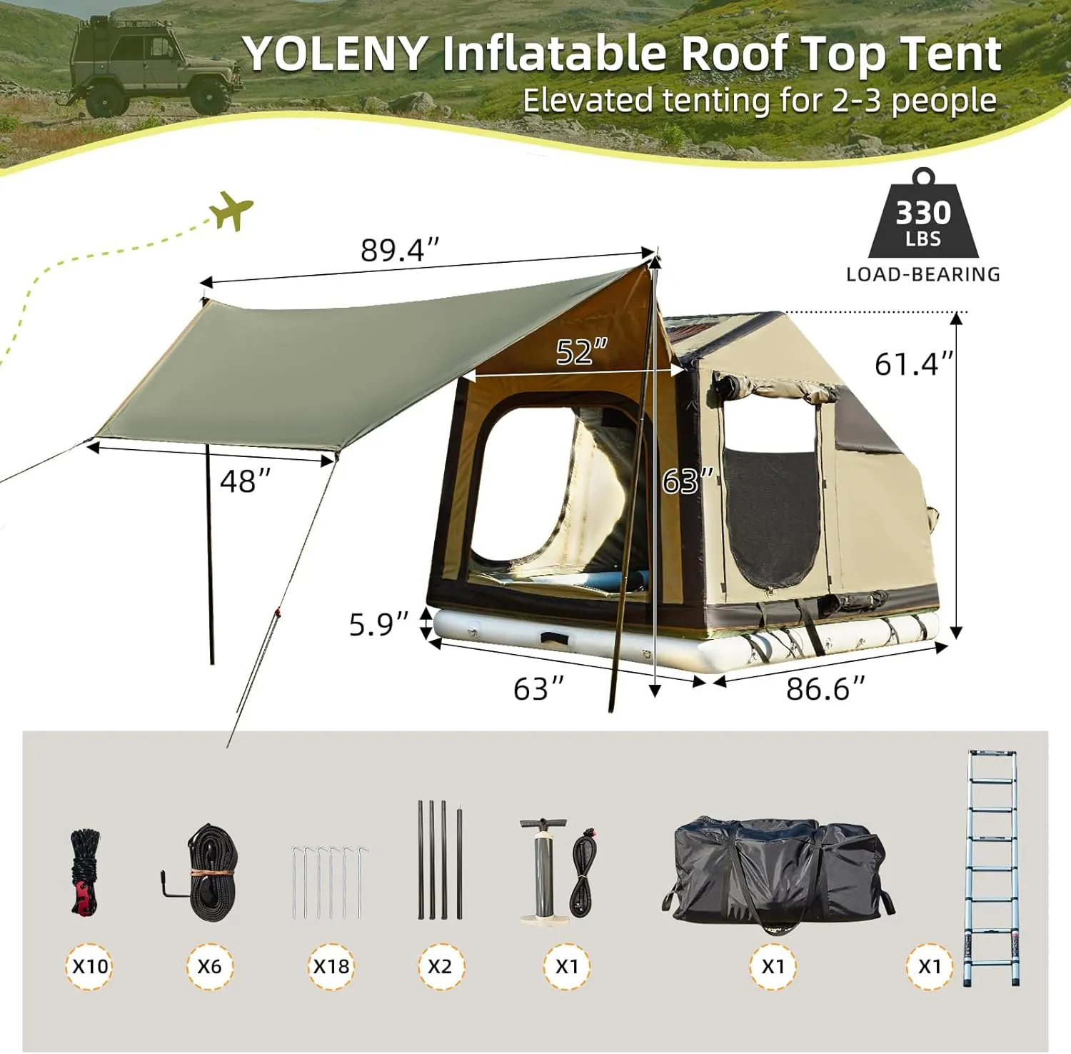 Yoleny 4/6/8/10/12 Person Inflatable Camping Tent with Extended Canopy, Mesh Windows & Pump, 4 Season Glamping Tent with 1-2 Room, Upgraded Waterproof Oxford, Easy Setup