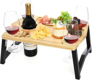 Youeon Portable Wine Picnic Table with Glass Holder, Foldable Durable Picnic Charcuterie Board, Small Wine Table Snack & Cheese Tray for Picnic, Beach, Camp, Park, Wine Lover Gift