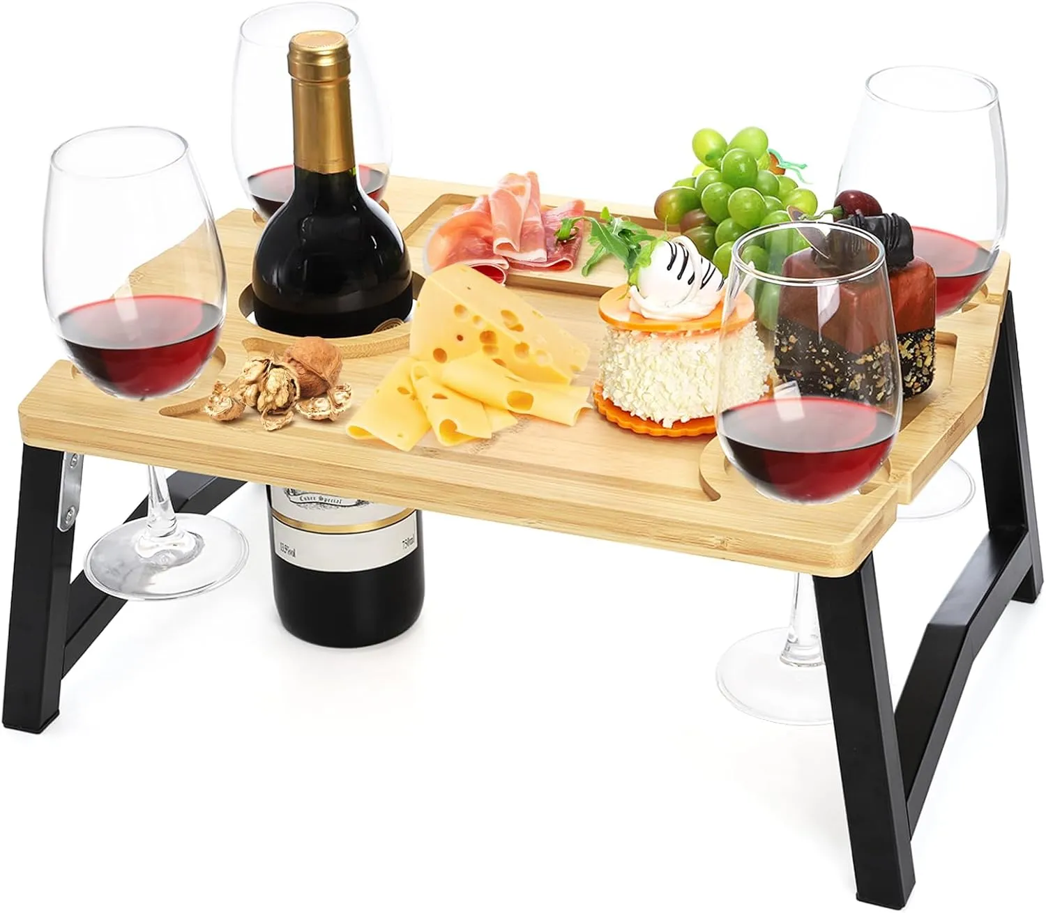 Youeon Portable Wine Picnic Table with Glass Holder, Foldable Durable Picnic Charcuterie Board, Small Wine Table Snack & Cheese Tray for Picnic, Beach, Camp, Park, Wine Lover Gift