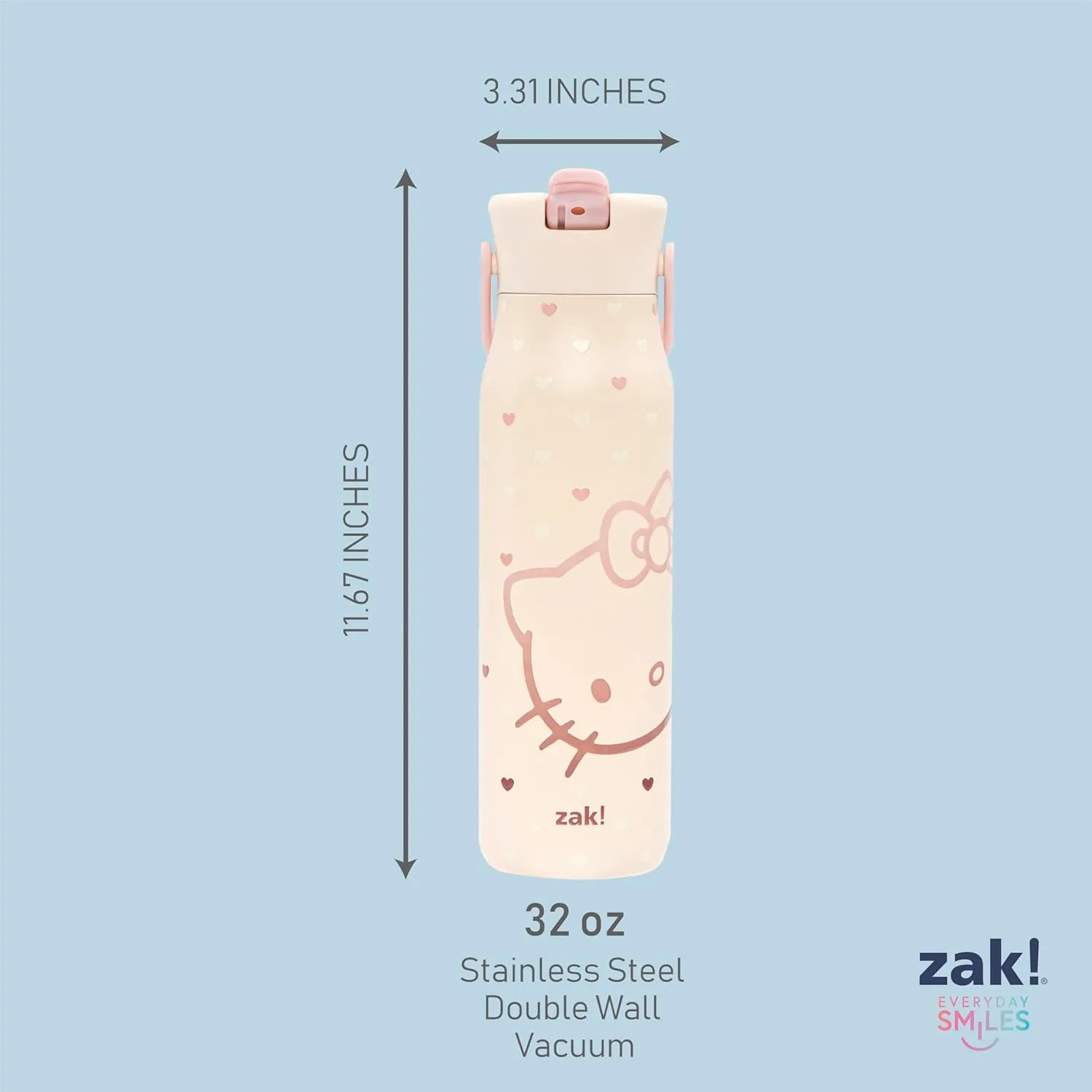 Zak Designs Sanrio Hello Kitty Harmony Water Bottle for Travel or At Home, 32oz Stainless Steel is Leak-Proof When Closed and Vacuum Insulated with Straw Lid, Carry Handle, and 3D Artwork