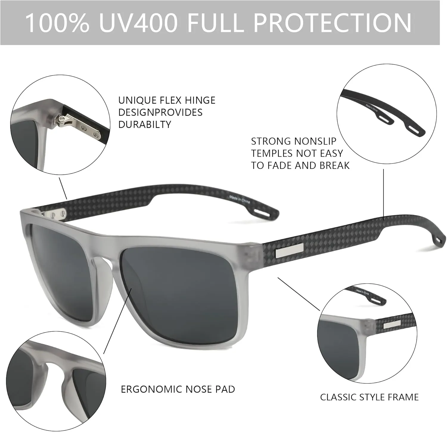 ZENOTTIC Polarized Sunglasses Men Square: Unbreakable TR90 Frame Carbon Fiber Temple UV400 Protection Sun Glasses for Driving