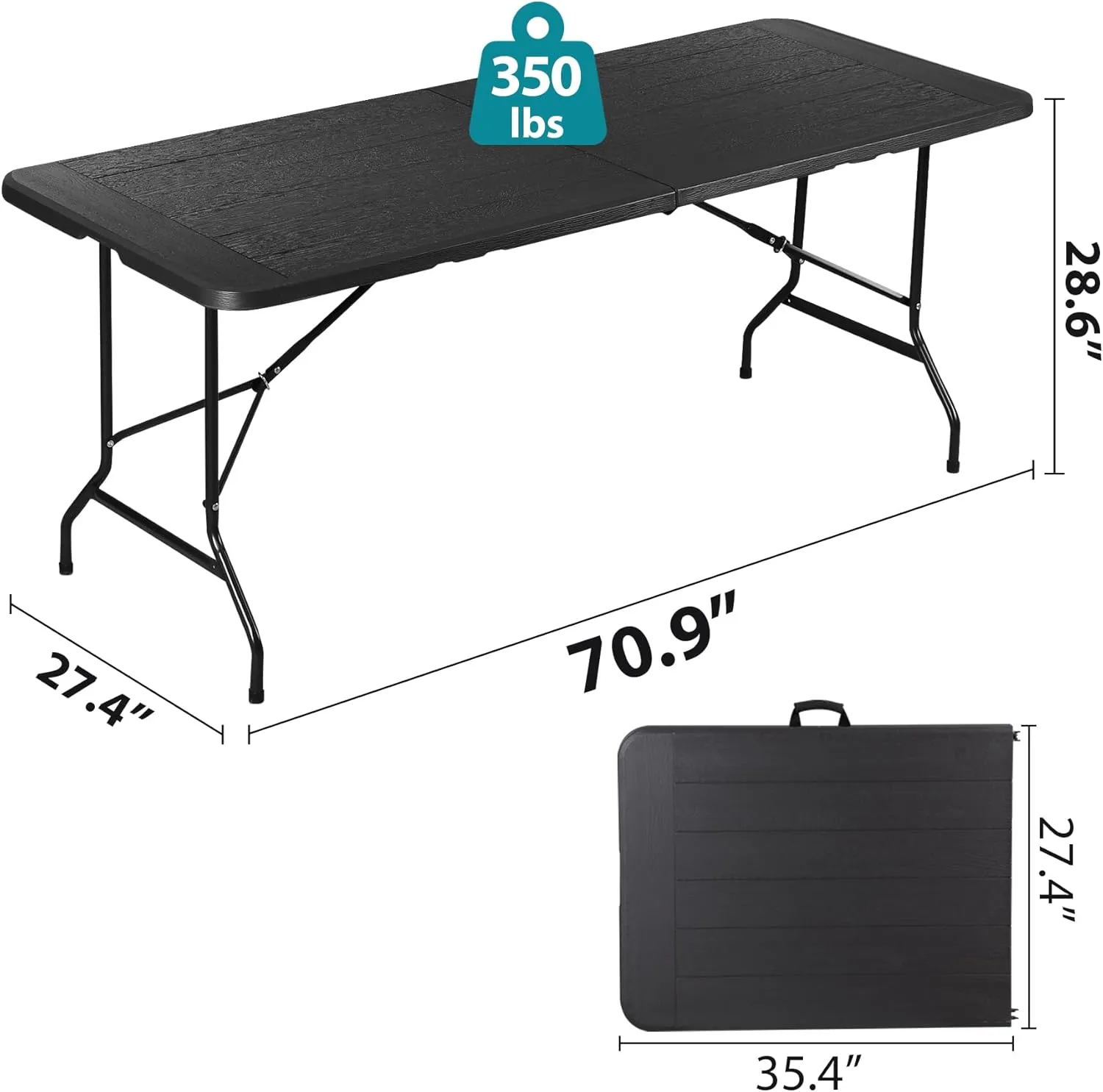 ZENY 6ft Portable Folding Table Plastic Indoor Outdoor Picnic Party Camp Dining Table with Handle (Black, 71" x 27")