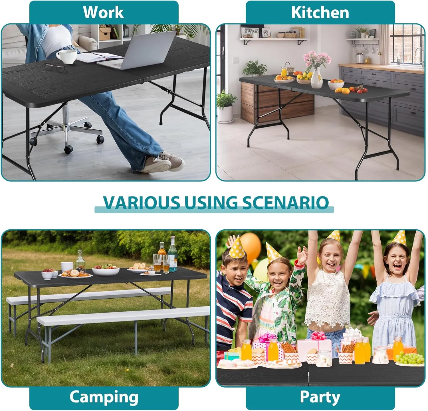 ZENY 6ft Portable Folding Table Plastic Indoor Outdoor Picnic Party Camp Dining Table with Handle (Black, 71" x 27")
