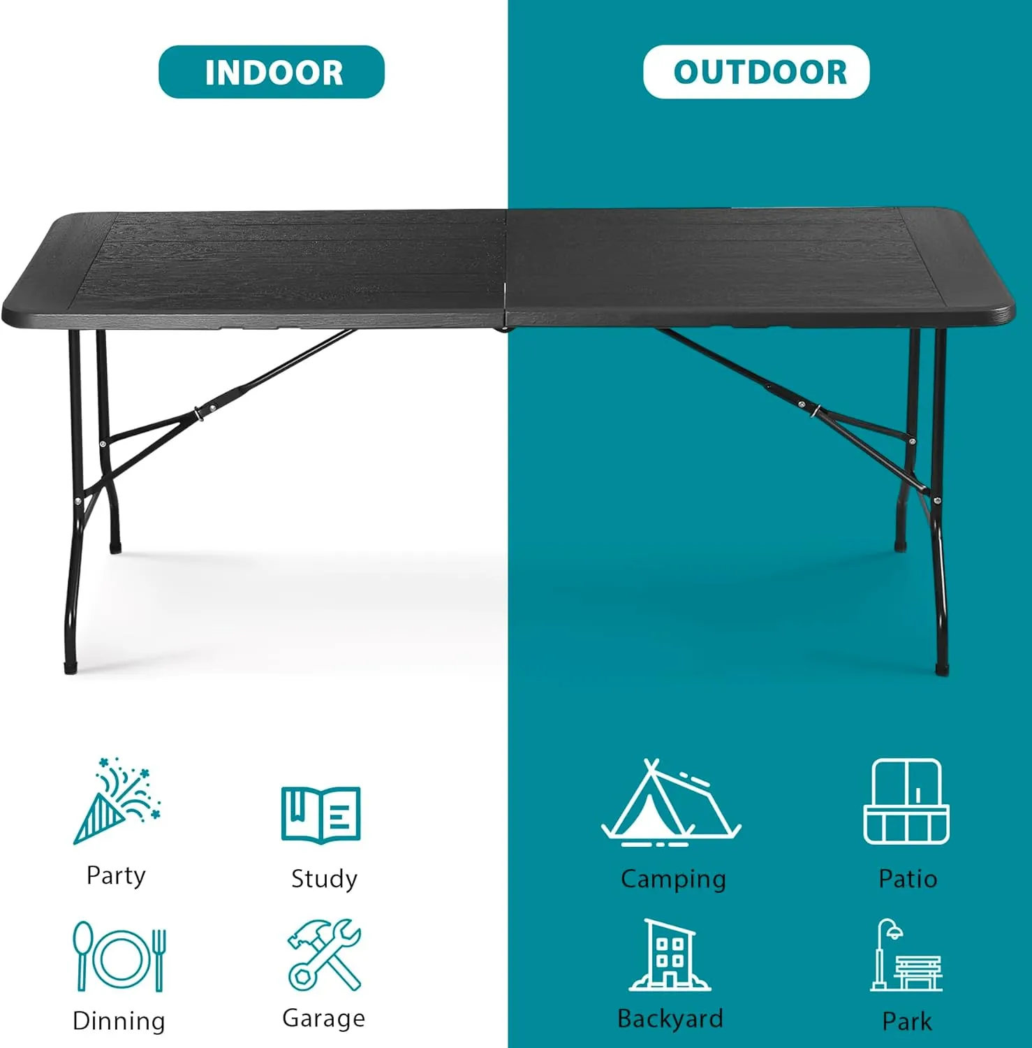 ZENY 6ft Portable Folding Table Plastic Indoor Outdoor Picnic Party Camp Dining Table with Handle (Black, 71" x 27")
