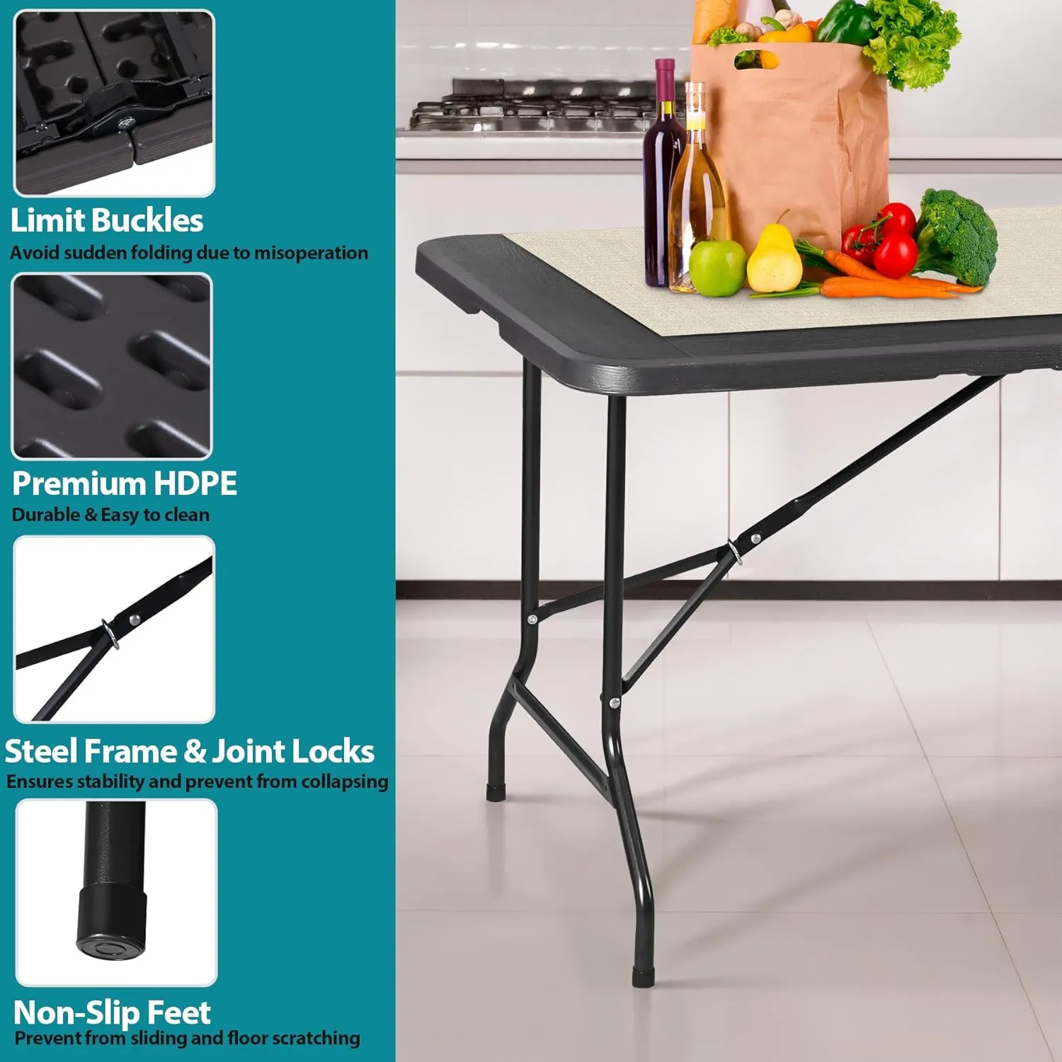 ZENY 6ft Portable Folding Table Plastic Indoor Outdoor Picnic Party Camp Dining Table with Handle (Black, 71" x 27")