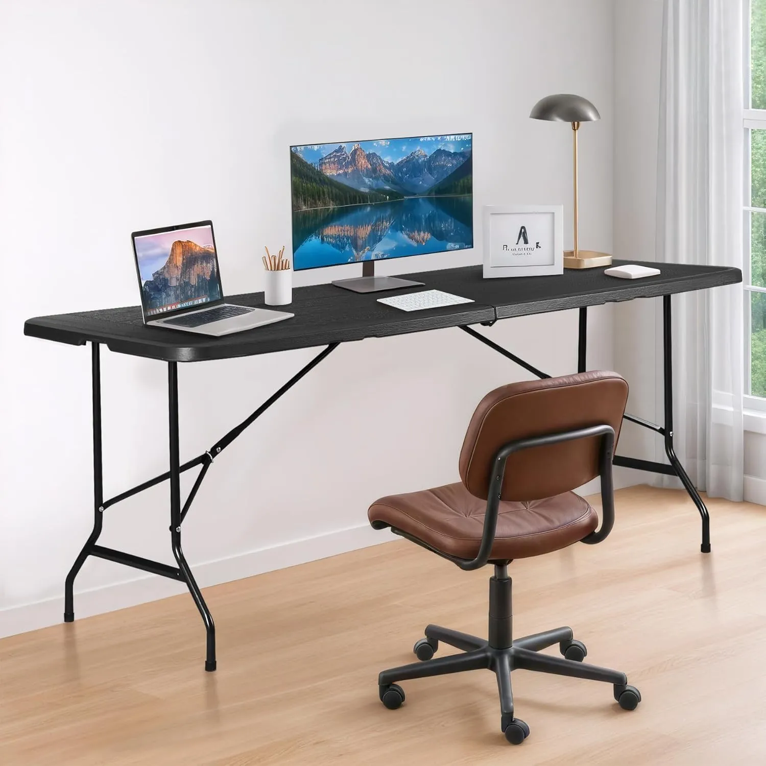 ZENY 6ft Portable Folding Table Plastic Indoor Outdoor Picnic Party Camp Dining Table with Handle (Black, 71" x 27")
