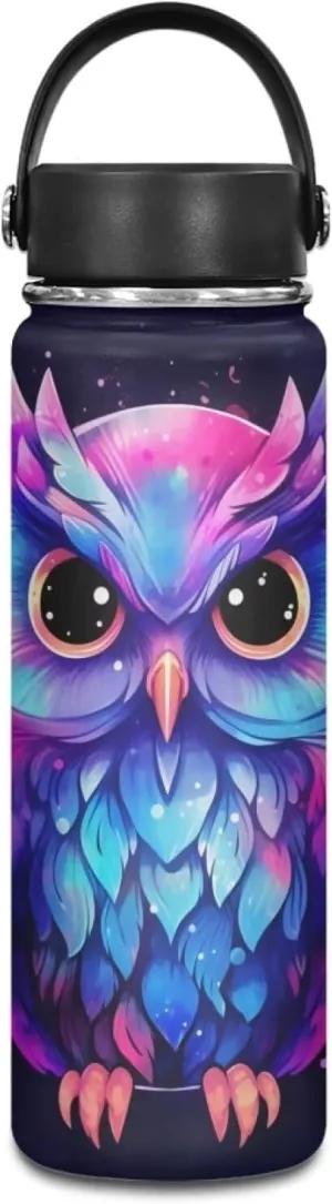 ZOUTAIRONG Galaxy Owl Water Bottle 20 oz for Girls Insulated Water Bottles with Handle Flask Wide Mouth Bottle Vacuum Stainless Steel Metal Water Bottle for Sports, Gym, Office Cute Animal