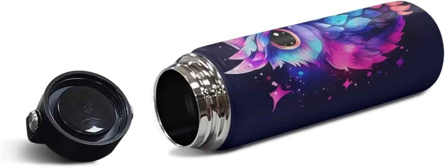 ZOUTAIRONG Galaxy Owl Water Bottle 20 oz for Girls Insulated Water Bottles with Handle Flask Wide Mouth Bottle Vacuum Stainless Steel Metal Water Bottle for Sports, Gym, Office Cute Animal