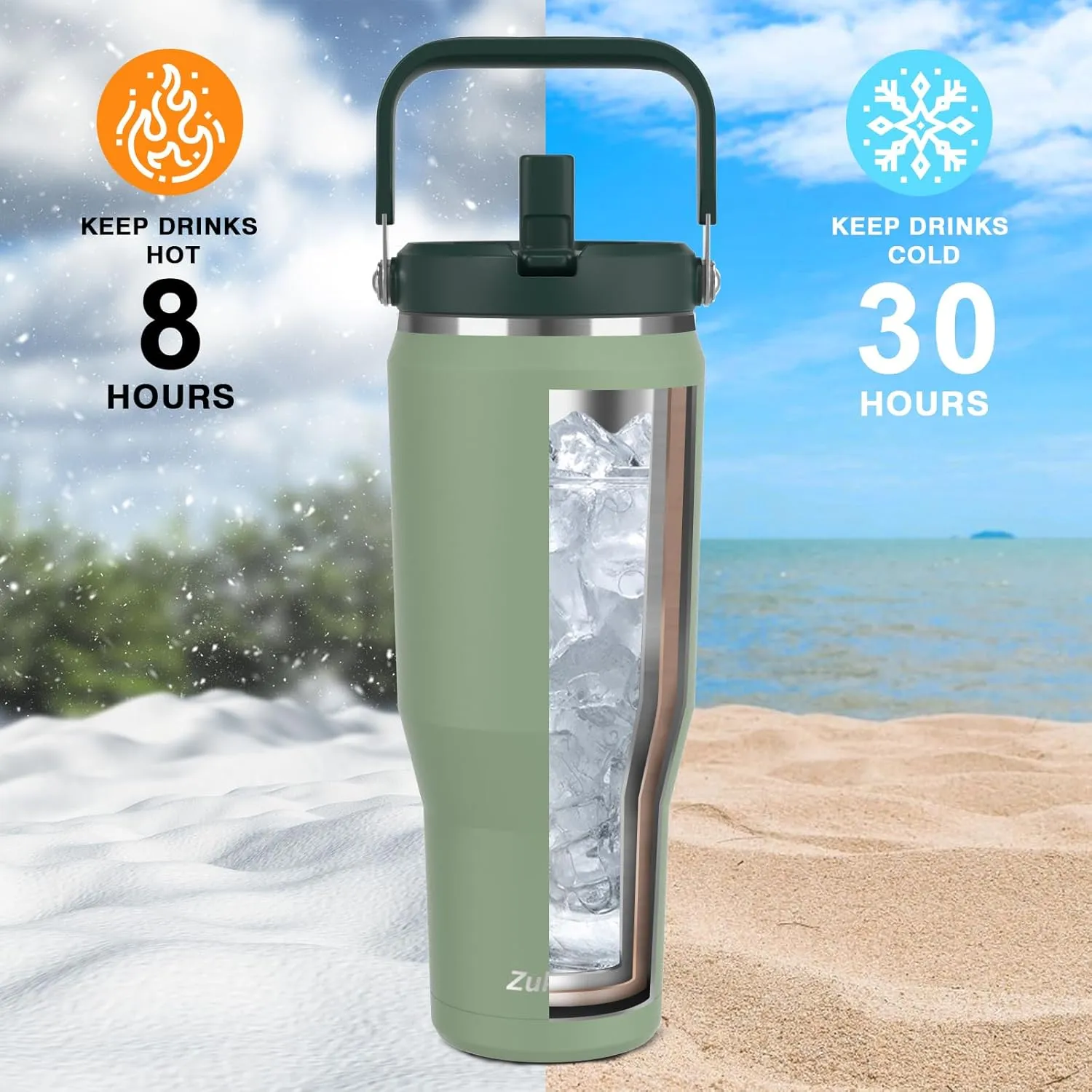 Zukro 50 OZ Tumbler With Flip Straw |Stainless Steel Water Jug With Top Handle For Gym, Outdoors, Car |Large Leak Proof Triple-wall Vacuum Insulated Water Bottle Keeps Cold 34 Hours & Easy Carry