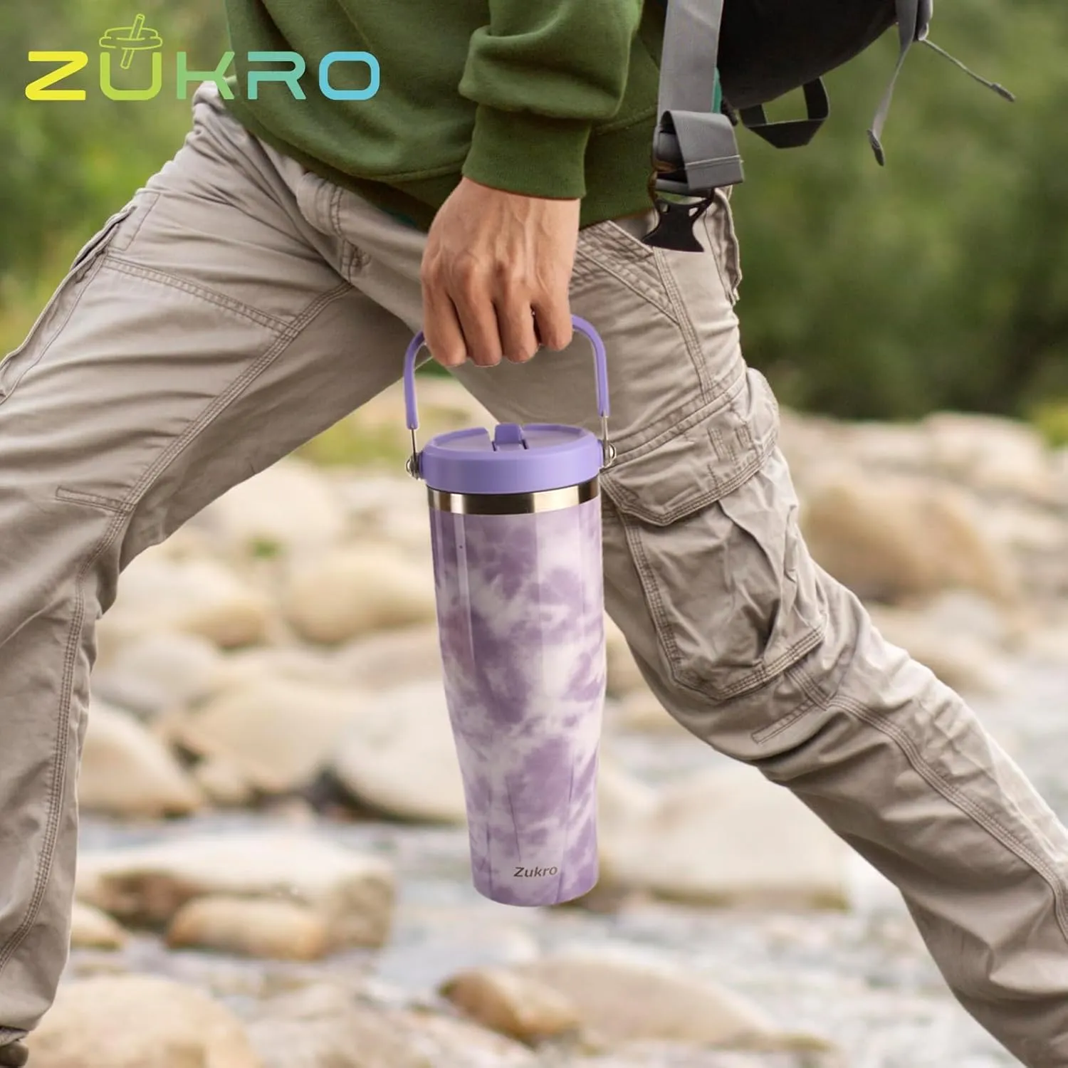 Zukro 50 OZ Tumbler With Flip Straw |Stainless Steel Water Jug With Top Handle For Gym, Outdoors, Car |Large Leak Proof Triple-wall Vacuum Insulated Water Bottle Keeps Cold 34 Hours & Easy Carry